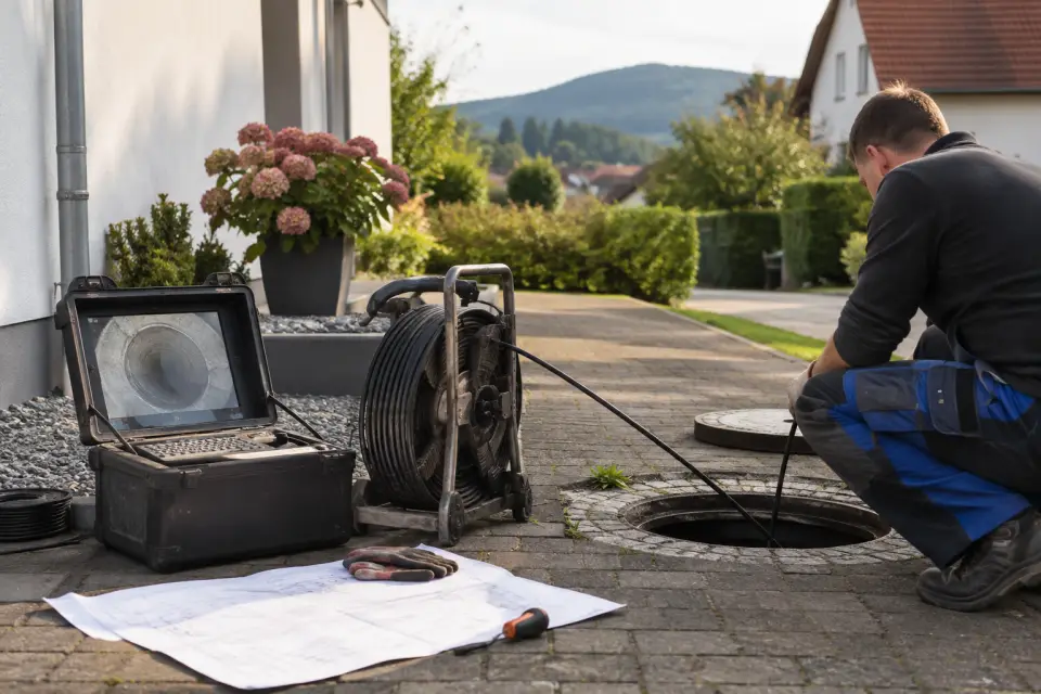 Prüfausrüstung und Leitungsplan neben einer geöffneten Revisionsöffnung auf einem Wohngrundstück.
